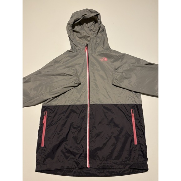 Girls The North Face Windbreaker Hooded Jacket Pink Gray SZ XL - Picture 1 of 4